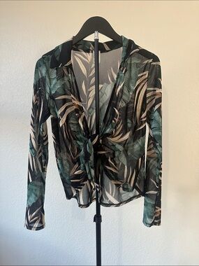 Blue Bell Sheer Leaf-Print Tie-Front Blouse in Green and Black 2000’s